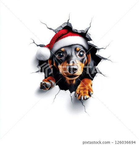 Dachshund Dog in Santa Hat Peeking Through Wall 126036694