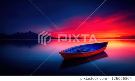Red Boat on a Vibrant Sunset Lake Red Boat on a Vibrant Sunset Lake 126036804