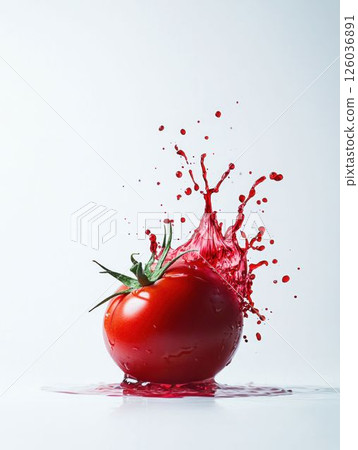 Fresh Tomato with Juice Splash on White Background Fresh Tomato with Juice Splash on White Background 126036891