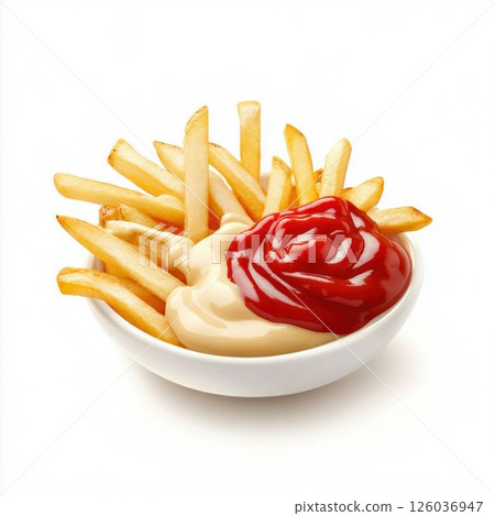 French Fries with Ketchup and Mayonnaise on White Background 126036947