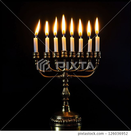 Lit Menorah with Nine Candles on Dark Background Lit Menorah with Nine Candles on Dark Background 126036952