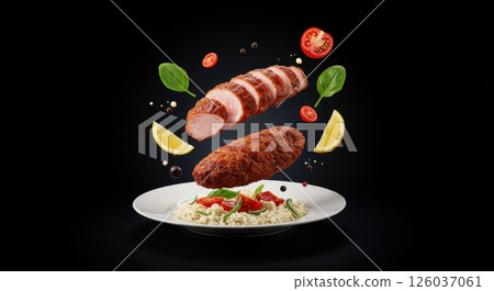 Grilled pork tenderloin served with couscous, tomato, basil, spinach, lemon and peppercorns, presented against a dark backdrop. Food still life concept. Grilled pork tenderloin served with couscous, tomato, basil, spinach, lemon and peppercorns, presented against a dark backdrop. Food still life concept. 126037061