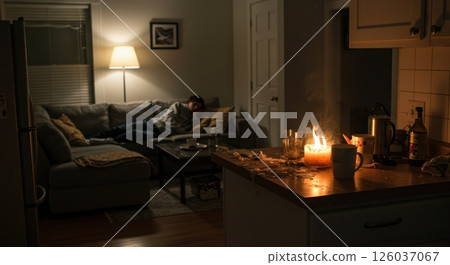 Living room with a man napping on a couch. A kitchen counter in the foreground is messy with a candle burning and crumbs scattered around. 126037067