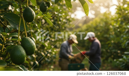 Avocado fruits hanging on tree at farm with farmers harvesting. Agriculture industry, healthy food, harvest and local market concepts. Avocado fruits hanging on tree at farm with farmers harvesting. Agriculture industry, healthy food, harvest and local market concepts. 126037068