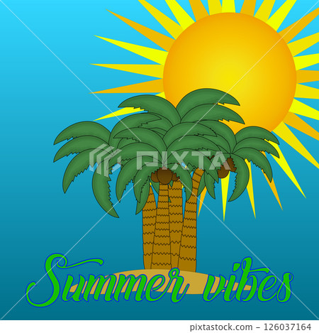 Cartoon greeting card illustration with a scene of a tropical island with palm trees, coconuts, and bright sun. Summer vibes inscription. Ideal for holiday and vacation banner, or summertime design. Cartoon greeting card illustration with a scene of a tropical island with palm trees, coconuts, and bright sun. Summer vibes inscription. Ideal for holiday and vacation banner, or summertime design. 126037164