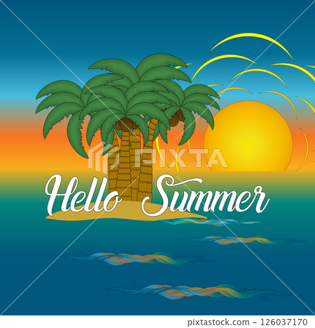 Cartoon vector greeting card with tropical island scene with coconut palms, sun, sunset and ocean waves. Hello Summer inscription. Ideal for holiday and vacation banner, or summertime activity design. Cartoon vector greeting card with tropical island scene with coconut palms, sun, sunset and ocean waves. Hello Summer inscription. Ideal for holiday and vacation banner, or summertime activity design. 126037170