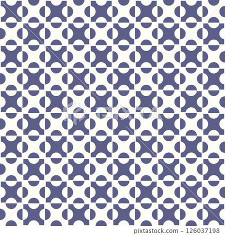 Minimalistic graphic pattern with symmetrical circles and squares in indigo on a white background 126037198