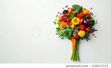Top down view of a colorful bouquet arrangement of fresh vegetables and fruits on a white background. 126037225
