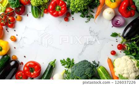 Overhead view of fresh colorful vegetables arranged as a border on a white marble background. Includes tomatoes, peppers, broccoli, carrots, eggplant, and more. Overhead view of fresh colorful vegetables arranged as a border on a white marble background. Includes tomatoes, peppers, broccoli, carrots, eggplant, and more. 126037226