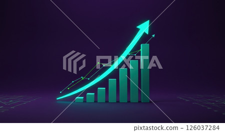 Green bar chart with arrow showing upward trend on purple background. Business growth graph for financial and investment concepts. Green bar chart with arrow showing upward trend on purple background. Business growth graph for financial and investment concepts. 126037284