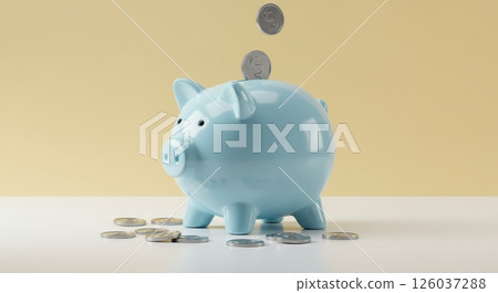 Light blue piggy bank on white surface with scattered silver coins. Coins falling into slot. Concept for savings, investment, and financial planning. Light blue piggy bank on white surface with scattered silver coins. Coins falling into slot. Concept for savings, investment, and financial planning. 126037288