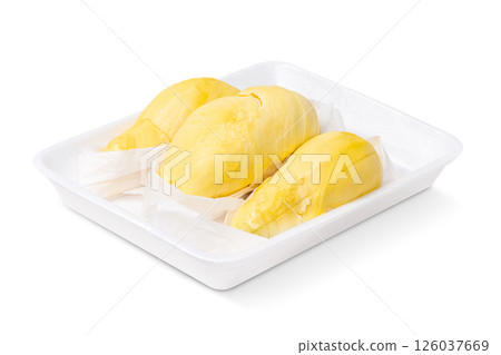 Durian a famous Thai fruit known for its unique aroma and flavor served in foam tray isolated on white background 126037669