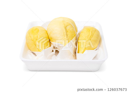 Durian a famous Thai fruit known for its unique aroma and flavor served in foam tray isolated on white background 126037673
