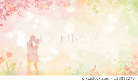 Romantic Couple Silhouette Embracing in Floral Spring Watercolor Scene 126038276