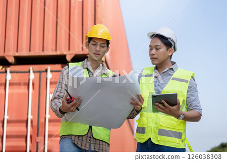 Engineers reviewing blueprints for logistics and container management in import and export 126038308