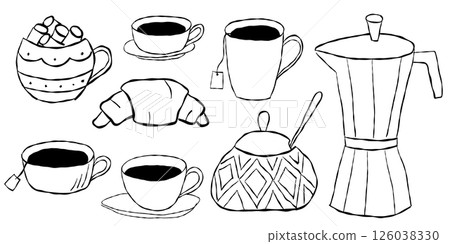 Set of cute cottagecore illustrations. Cups of coffee, tea and hot chocolate of cocoa. Moka pot, sugar can and croissant Set of cute cottagecore illustrations. Cups of coffee, tea and hot chocolate of cocoa. Moka pot, sugar can and croissant 126038330