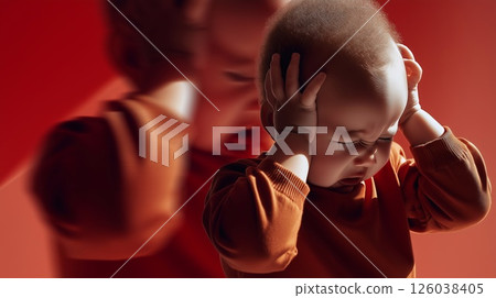 Upset baby covering ears in distress, expressing fear and anxiety. Emotional portrait capturing toddler crisis, frustration, and intense feelings in a dramatic red-toned scene. Upset baby covering ears in distress, expressing fear and anxiety. Emotional portrait capturing toddler crisis, frustration, and intense feelings in a dramatic red-toned scene. 126038405