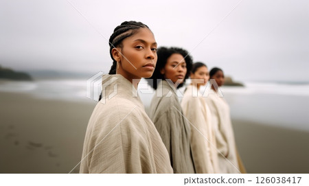 Natural fashion portrait with diverse women in cotton and linen clothing. Earth tones, beach setting, and calm atmosphere highlight eco-friendly style, confidence, and timeless beauty. 126038417