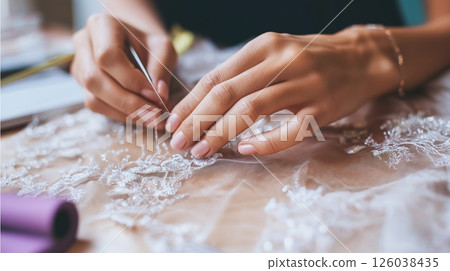 Hands of a fashion designer embroidering lace with needle and thread. Luxury craftsmanship, precision, and artistry captured in the process of haute couture garment creation. 126038435