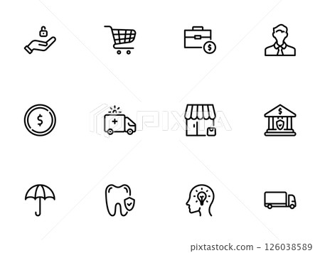 Minimalist Line Art Icons Set for Commerce and Medical Services Minimalist Line Art Icons Set for Commerce and Medical Services 126038589