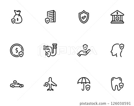 Line art icons representing security and insurance concepts for different assets and situations 126038591