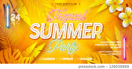 Summer Sale Design with Flower and Glowing Neon Light on Sun Yellow Tropic Leaves Background. Tropical Floral Vector Illustration with Special Offer Typography for Coupon, Voucher, Banner, Flyer Summer Sale Design with Flower and Glowing Neon Light on Sun Yellow Tropic Leaves Background. Tropical Floral Vector Illustration with Special Offer Typography for Coupon, Voucher, Banner, Flyer 126038989