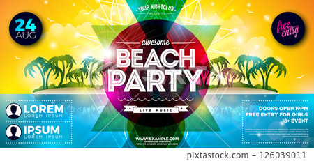 Summer Beach Party Flyer Design with Abstract Design Elements and Typography Lettering on Tropical Island Background. Vector Summer Holiday Illustration with Exotic Palm Leaves and Flower for Banner Summer Beach Party Flyer Design with Abstract Design Elements and Typography Lettering on Tropical Island Background. Vector Summer Holiday Illustration with Exotic Palm Leaves and Flower for Banner 126039011