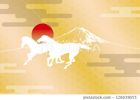 Horse silhouette and first sunrise New Year's card template for the Year of the Horse, no congratulatory message, gold Horse silhouette and first sunrise New Year's card template for the Year of the Horse, no congratulatory message, gold 126039055