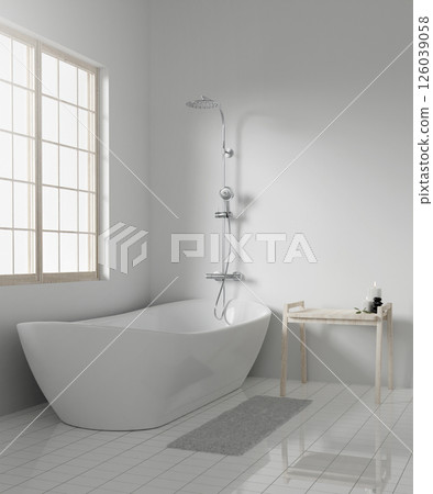 Minimalist bathroom design with freestanding bathtub and natural light, 3D render illustration. 126039058