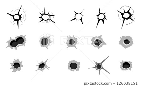 Bullet hole gun shot weapon mark silhouette, impact gun, bullet hole gunshot. Damage from shoot. Bullet hole gun shot weapon mark silhouette, impact gun, bullet hole gunshot. Damage from shoot. 126039151