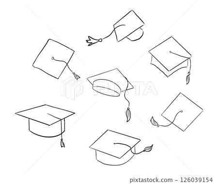 Graduation hat doodle line. University Cap of graduate and certificate degree hand drawn outline. Graduation hats sketch Graduation hat doodle line. University Cap of graduate and certificate degree hand drawn outline. Graduation hats sketch 126039154
