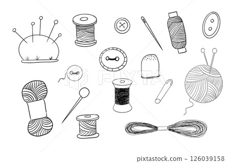 Sewing set with thread, needle buttons doodle hand drawn. Handmade crafts embroidery collection. Vintage tailor kit. Sewing accessories 126039158