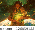 「大自然之母從大地中浮現——一位綠色女神溫柔地抱著一個孩子和嬰兒的動人形象。 126039188