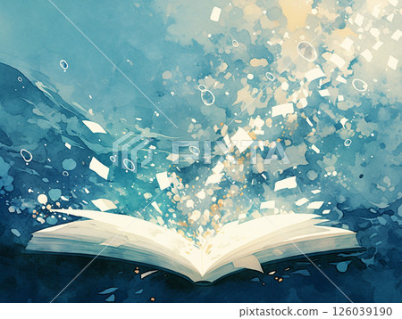 鼓舞人心的水彩畫:文字從打開的書中湧出,化為水滴,融入河流的神奇時刻 鼓舞人心的水彩畫:文字從打開的書中湧出,化為水滴,融入河流的神奇時刻 126039190