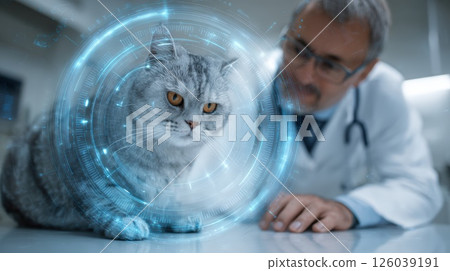 Veterinarian Examining a Tabby Cat with Futuristic Digital Interface Overlay Veterinarian Examining a Tabby Cat with Futuristic Digital Interface Overlay 126039191