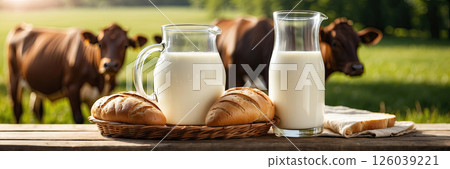 Fresh rustic cow's milk in a jug and white fragrant bread and pastries on a table against the background of a meadow where cows graze. AI generated 126039221