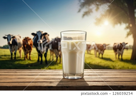 Fresh rustic cow's milk in a jug on a table against the background of a meadow where cows graze. AI generated 126039254