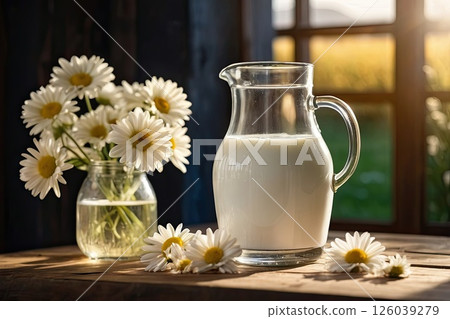 Fresh rustic cow's milk in a jug on a table against the background of a meadow where cows graze. AI generated 126039279