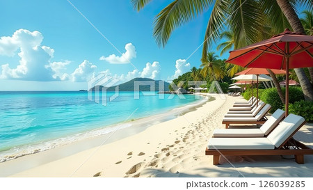 Panorama of a tropical paradise beach with palm trees and white sand on the ocean shore. trip to the sea in a warm summer climate, a vacation tour. AI generated Panorama of a tropical paradise beach with palm trees and white sand on the ocean shore. trip to the sea in a warm summer climate, a vacation tour. AI generated 126039285
