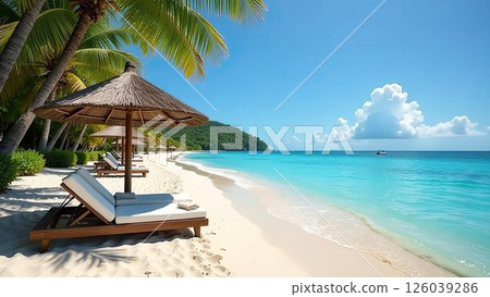 Panorama of a tropical paradise beach with palm trees and white sand on the ocean shore. trip to the sea in a warm summer climate, a vacation tour. AI generated Panorama of a tropical paradise beach with palm trees and white sand on the ocean shore. trip to the sea in a warm summer climate, a vacation tour. AI generated 126039286