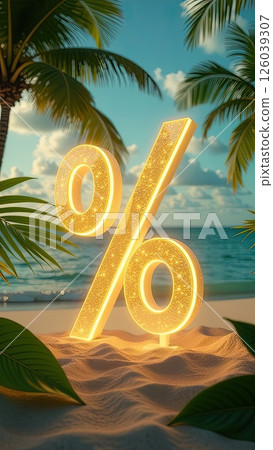 Glowing gold percentage sign on seashore with tropical palm trees in light of sun, tourist sea background. Hot summer sale and discounts, burning tour banner, flyer. AI generated 126039307