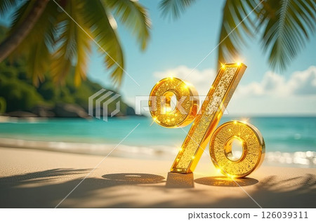 Glowing gold percentage sign on seashore with tropical palm trees in light of sun, tourist sea background. Hot summer sale and discounts, burning tour banner, flyer. AI generated 126039311