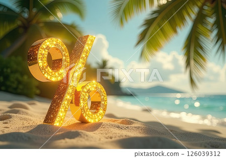 Glowing gold percentage sign on seashore with tropical palm trees in light of sun, tourist sea background. Hot summer sale and discounts, burning tour banner, flyer. AI generated 126039312