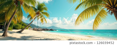 Panorama of a tropical paradise beach with palm trees and white sand on the ocean shore. trip to the sea in a warm summer climate, a vacation tour. AI generated 126039452