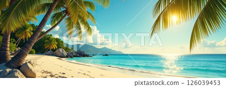 Panorama of a tropical paradise beach with palm trees and white sand on the ocean shore. trip to the sea in a warm summer climate, a vacation tour. AI generated 126039453