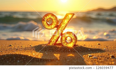 Glowing gold percentage sign on seashore On sand at sunset, tourist sea background. Hot summer sale and discounts, burning tour banner, flyer. AI generated 126039477