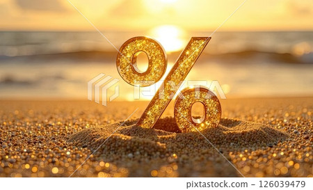 Glowing gold percentage sign on seashore On sand at sunset, tourist sea background. Hot summer sale and discounts, burning tour banner, flyer. AI generated 126039479