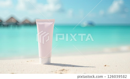 White tube mock up of sunscreen on the white sand of the beach against the background of the blue ocean. UV protection of the skin, sunscreen. AI generated 126039582