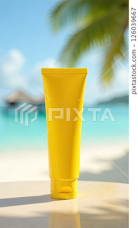 A yellow tube mock up of sunscreen on the white sand of the beach against the background of the blue ocean. UV protection of the skin, sunscreen. AI generated 126039667