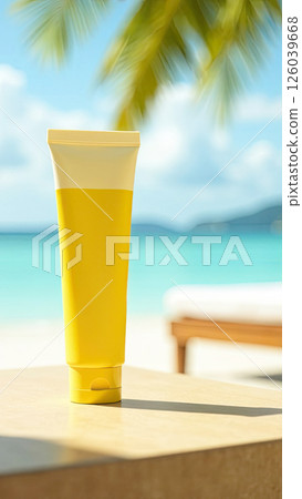 A yellow tube mock up of sunscreen on the white sand of the beach against the background of the blue ocean. UV protection of the skin, sunscreen. AI generated 126039668